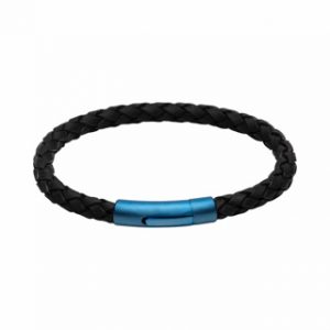 Black Leather Bracelet with Blue Clasp