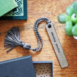 Pewter bookmark hand stamped with Amazing Teacher and with tassel – a thoughtful teacher gift in gift box