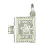 Sterling silver Bible-shaped charm with polished finish and jump ring attachment, designed for charm bracelets or necklaces.