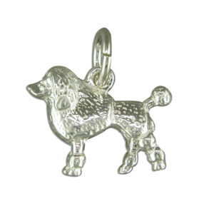 Sterling silver poodle charm with detailed fur texture and polished finish, designed for charm bracelets or necklaces. Ideal for dog lovers.