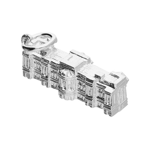 Sterling silver Buckingham Palace charm, finely detailed and polished, designed for charm bracelets or necklaces.