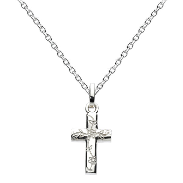 Sterling Silver Cross Necklace with floral engraving