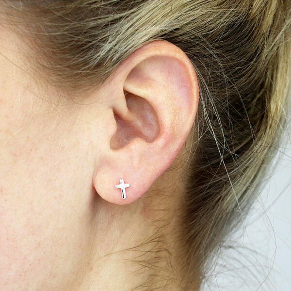 Sterling silver mini cross earrings with cubic zirconia CZ stones and stud fastenings