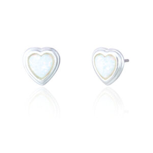 White opal heart stud earrings set in sterling silver